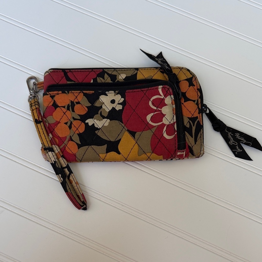 (136)VeraBradley Quilted Floral Wristlet Wallet Red,Orange,Mustard, Black,Cream